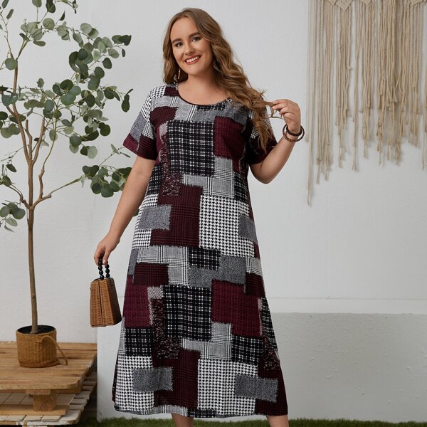 

Plus Patchwork Print Dress, Multicolor