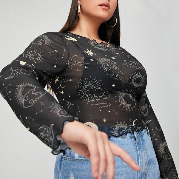 

Plus Galaxy Print Lettuce Trim Sheer Mesh Top, Black