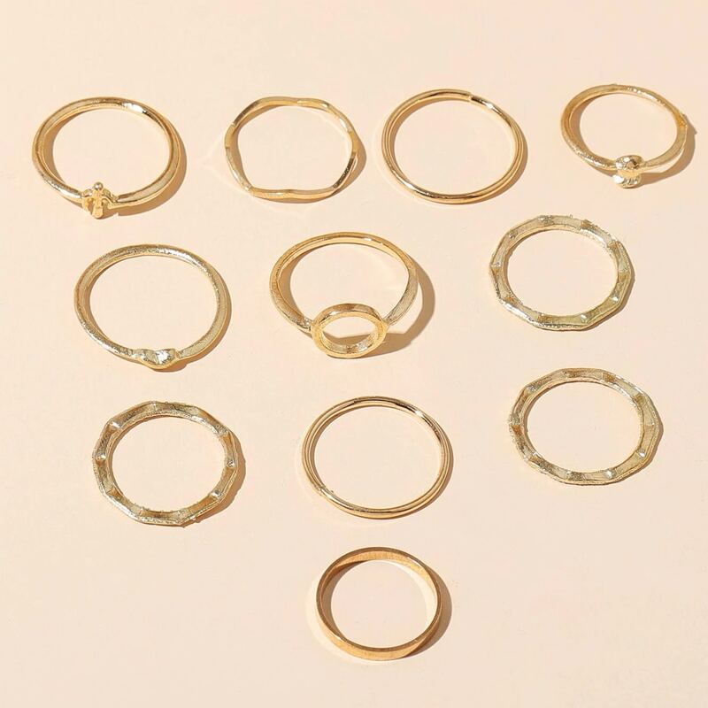 

11pcs Cactus & Heart Decor Ring, Gold