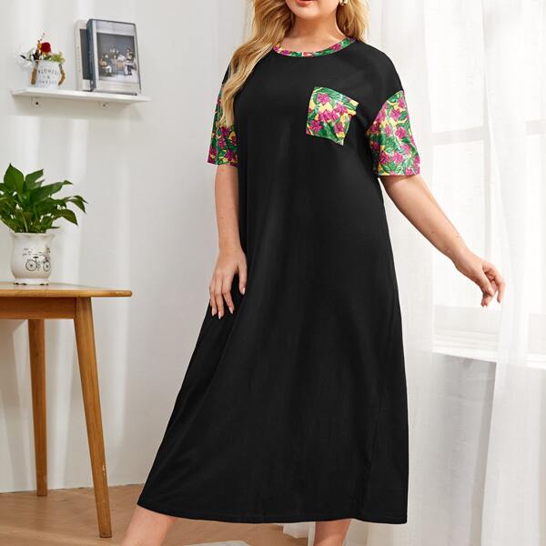 

Plus Floral Print Pocket Patched Night Dress, Black