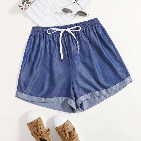 

Plus Tie Front Cuffed Hem Denim Shorts, Medium wash