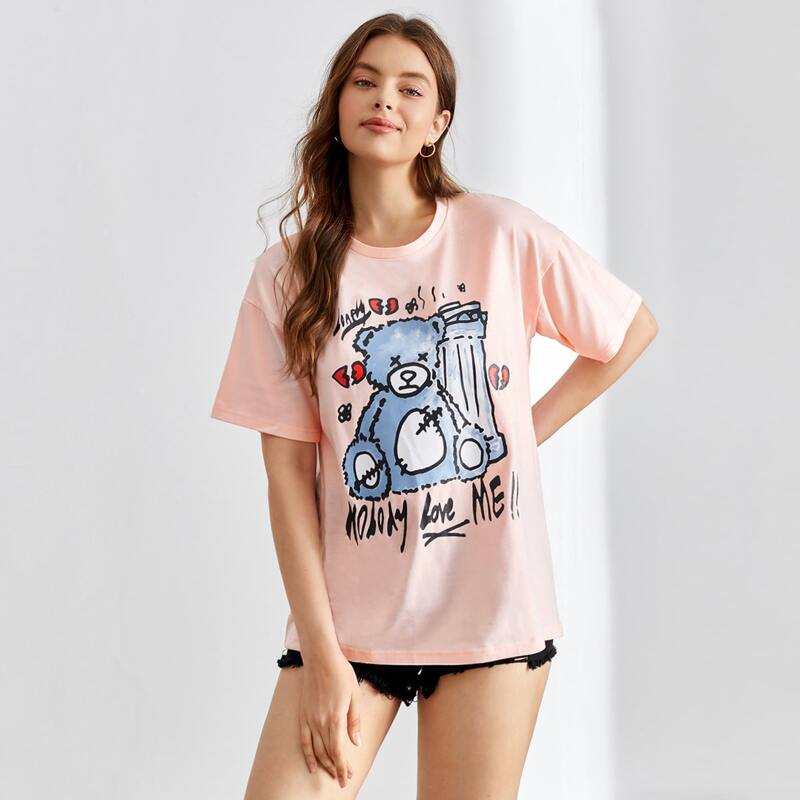 

Letter Cartoon Bear Graphic Oversized Tee, Coral pink