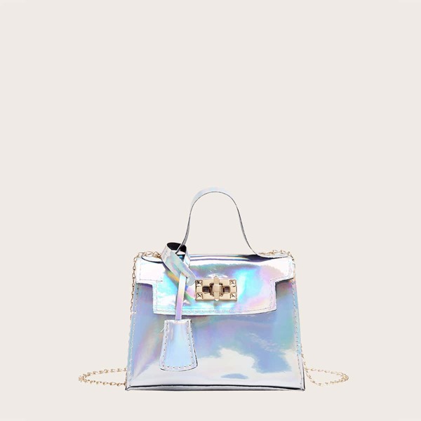 

Girls Holographic Flap Chain Bag, Silver