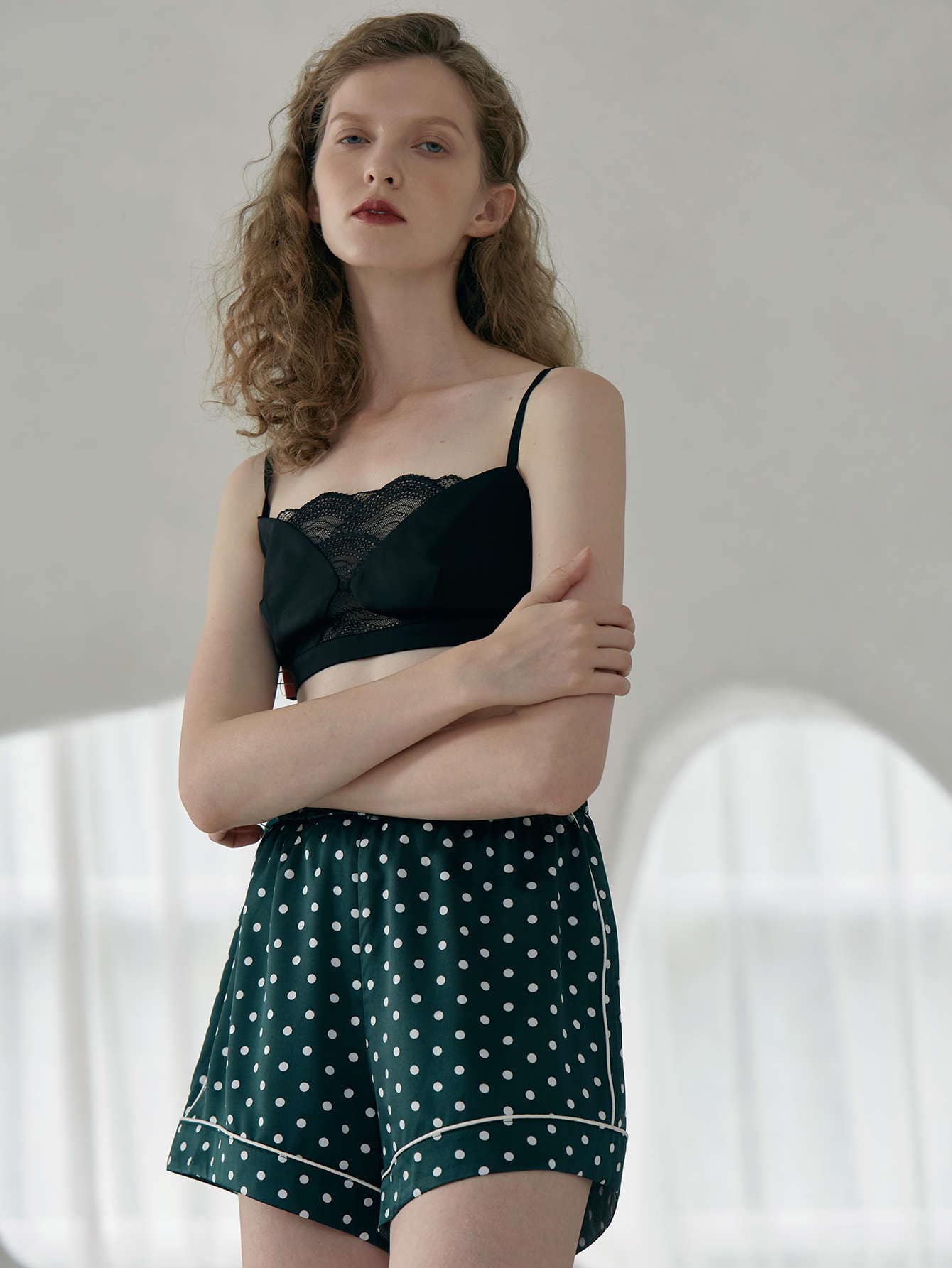 SHEIN Wide Leg Sleep Shorts Without Bra - Dark Green - View 3