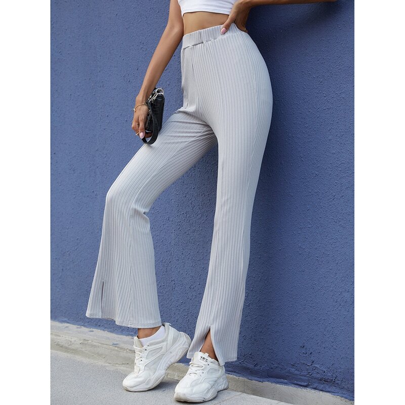 

Ribbed Split Flare Leg Pants, Light grey