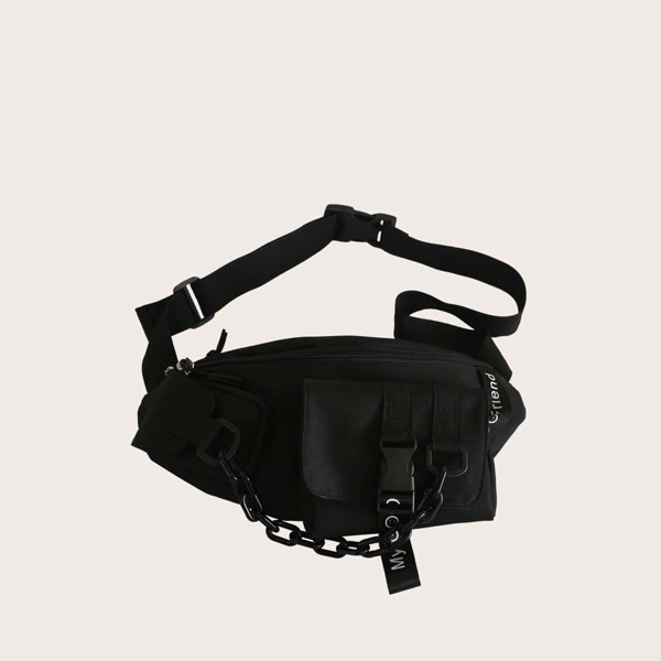 

Men Chain Decor Buckle Front Fanny Pack, Black