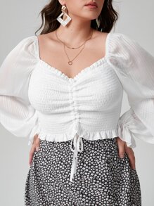SHEIN LUNE Top corto con nudo fruncido de manga farol - Blanco - Ver 1