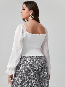 SHEIN LUNE Top corto con nudo fruncido de manga farol - Blanco - Ver 2