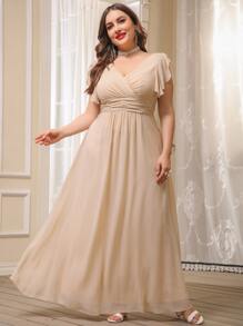 SHEIN Belle Vestido de gasa de manga con volante - Champán - Ver 1