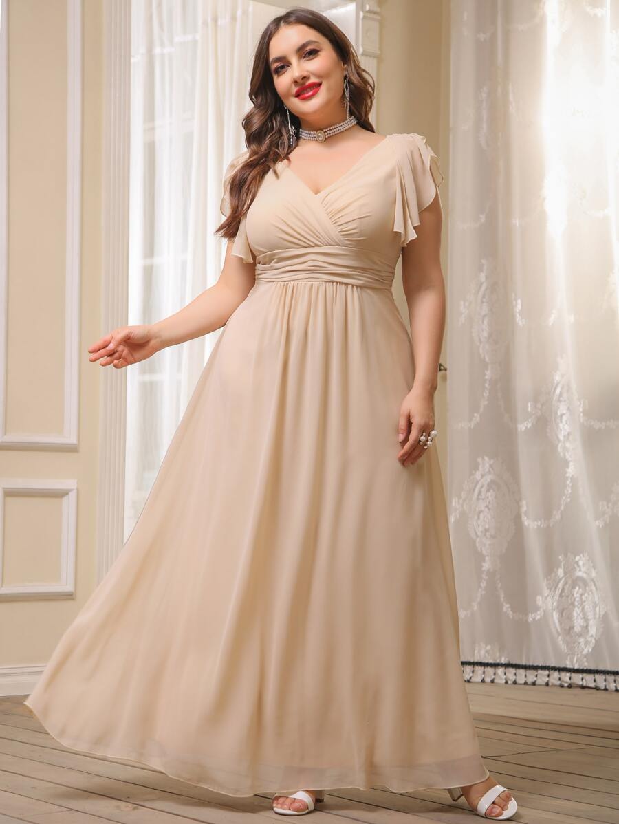 SHEIN Belle Vestido de gasa de manga con volante - Champán - Ver 1