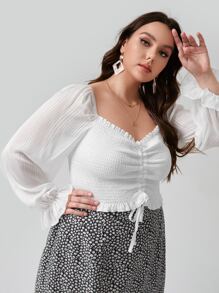SHEIN LUNE Top corto con nudo fruncido de manga farol - Blanco - Ver 3