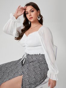 SHEIN LUNE Top corto con nudo fruncido de manga farol - Blanco - Ver 4