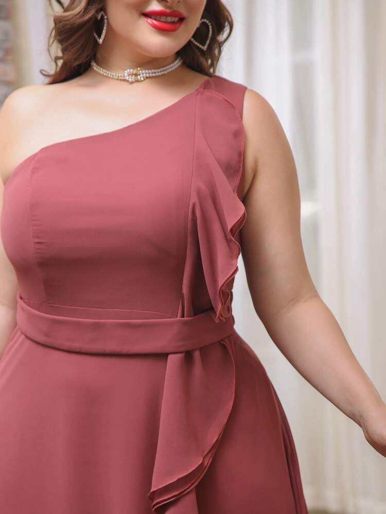 SHEIN Belle Vestidos Tallas Grandes Volante Liso Glamour - Color caoba - Añade 3