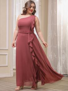 SHEIN Belle Vestidos Tallas Grandes Volante Liso Glamour - Color caoba - Ver 4