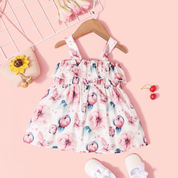 

Baby Girl Floral Print Ruffle Cami Dress, Multicolor
