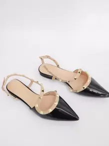 Rivet Embellished Pointed Toe Flat Sandals, New Patent Leather Strap Buckle Decor Flats