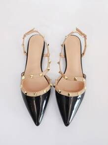 Rivet Embellished Pointed Toe Flat Sandals, New Patent Leather Strap Buckle Decor Flats