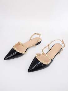 Rivet Embellished Pointed Toe Flat Sandals, New Patent Leather Strap Buckle Decor Flats