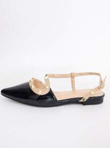 Rivet Embellished Pointed Toe Flat Sandals, New Patent Leather Strap Buckle Decor Flats