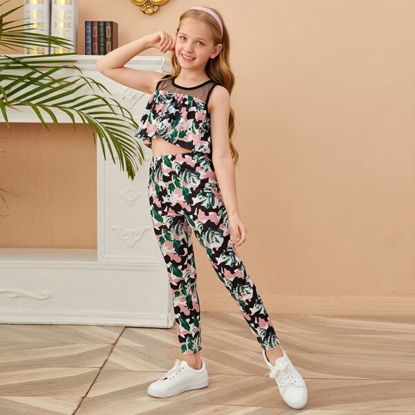 

Girls Contrast Mesh Tank Top With Leggings, Multicolor