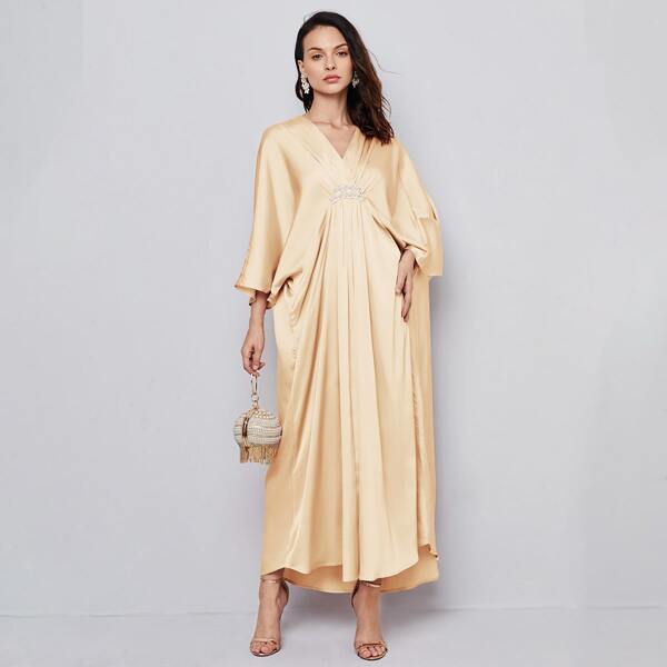 

Batwing Sleeve Pearl Tape Front Satin Dress, Beige
