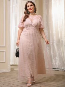 Plus V-back Lace A-line Dress - Baby Pink - View 1