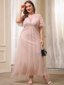 Plus V-back Lace A-line Dress - Baby Pink - View 5