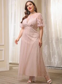 Plus V-back Lace A-line Dress - Baby Pink - View 6