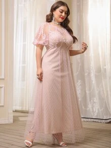 Plus V-back Lace A-line Dress - Baby Pink - View 8