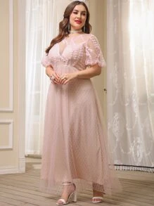 Plus V-back Lace A-line Dress - Baby Pink - View 9