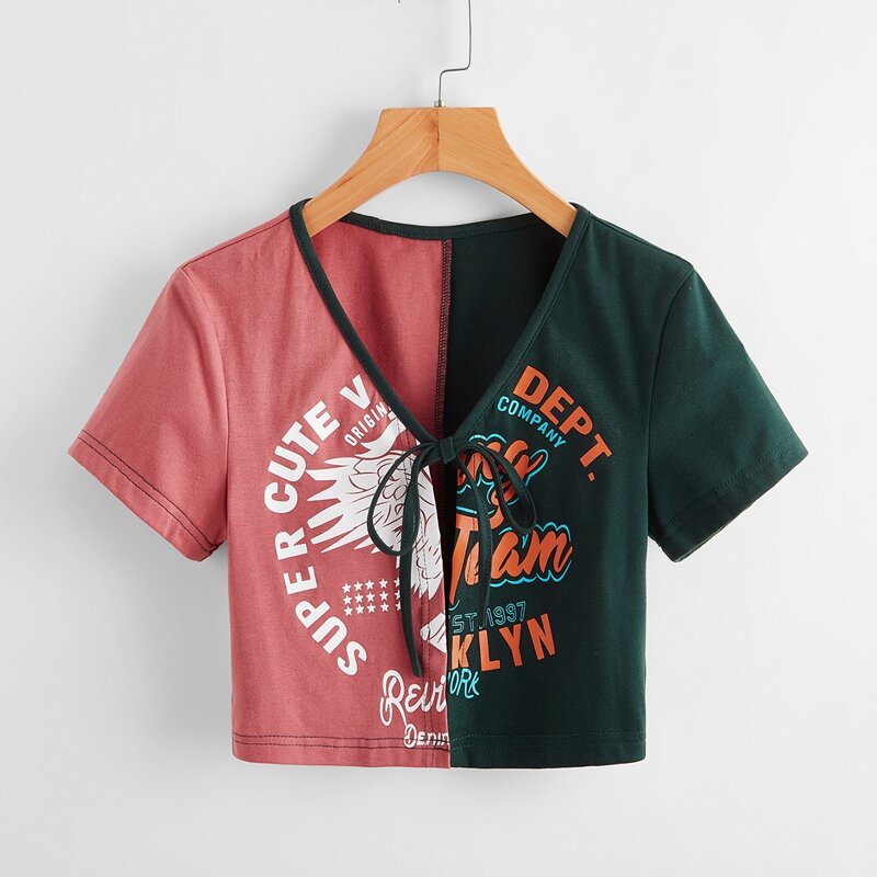 

Two Tone Letter Graphic Tie Front Top, Multicolor