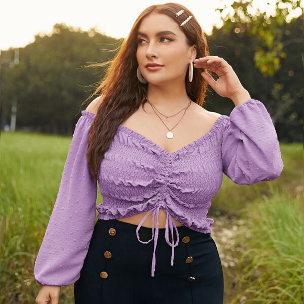 

Plus Solid Shirred Drawstring Front Crop Top, Lilac purple