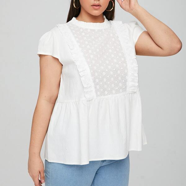 

Plus Contrast Schiffy Ruffle Babydoll Blouse, White