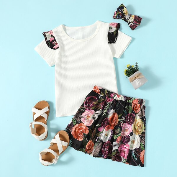 

Toddler Girls Ribbed Ruffle Trim Tee & Floral Print Skirt & Headband, Multicolor