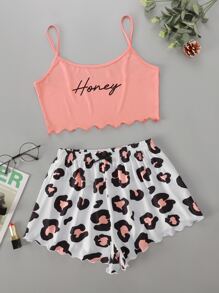 Plus Letter Graphic Lettuce Trim Pyjama Set - Multicolor - View 1