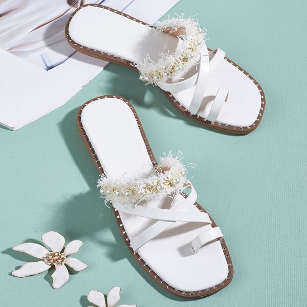 

Faux Pearl Cross Strap Thong Sandals, White