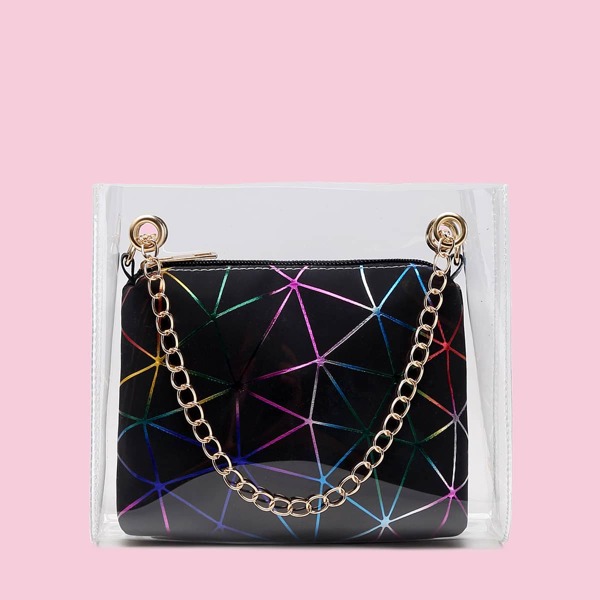 

Clear Chain Bag With Geometric Inner Pouch, Black clear
