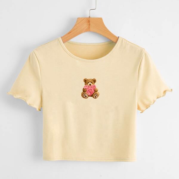

Bear And Flower Print Lettuce Trim Tee, Apricot