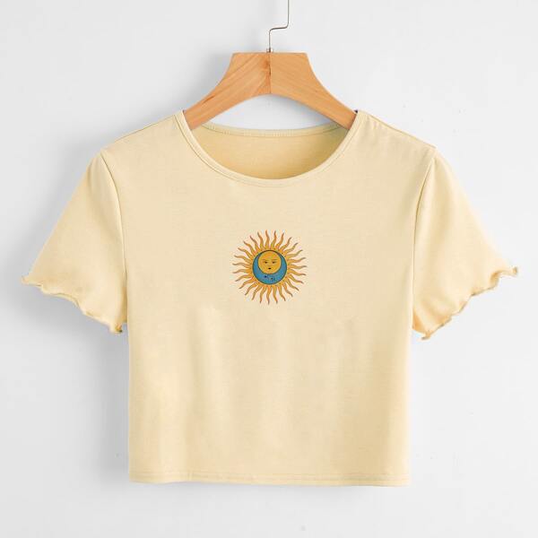 

Sun & Moon Print Lettuce Trim Tee, Apricot