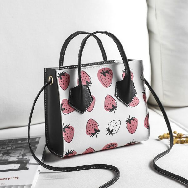 

Strawberry Graphic Satchel Bag, White