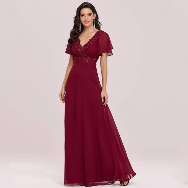 

Low Back Lace Trim Flounce Sleeve Prom Dress, Burgundy