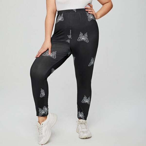 

Plus Butterfly Print Leggings, Black
