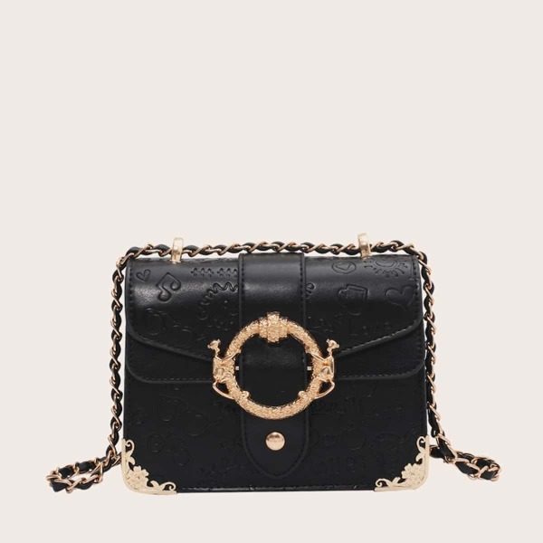 

Textured Round Decor Shoulder Bag, Black
