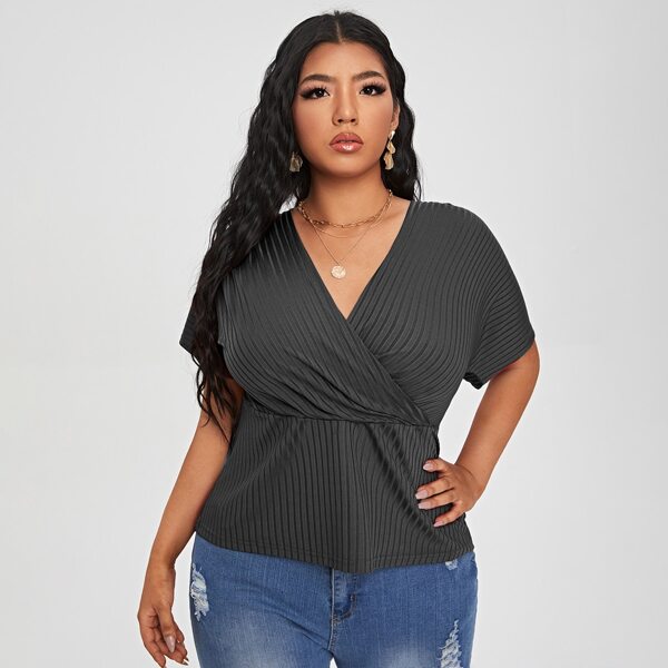 

Plus Ribbed Surplice Front Tee, Dark grey