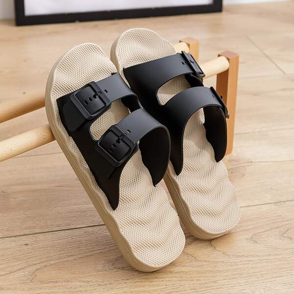 

Men Eyelet Buckle Decor Slides, Black