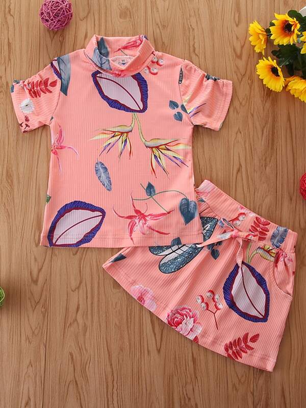 小女童植物圖案高領T恤帶半身裙