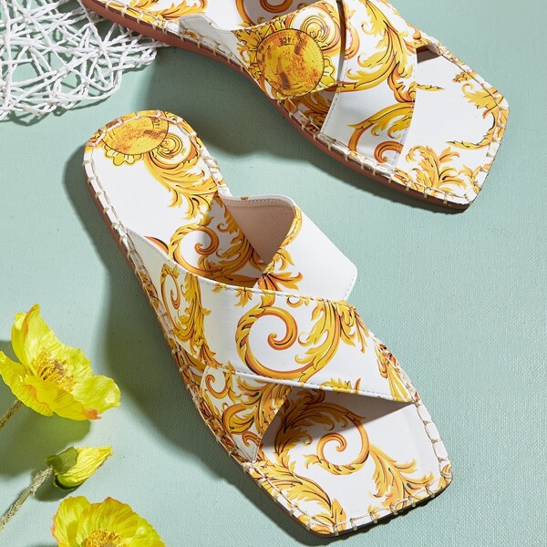 

Scroll Print Criss Cross Slide Sandals, White