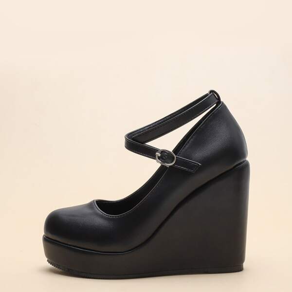 

Minimalist Ankle Strap Court Wedges, Black