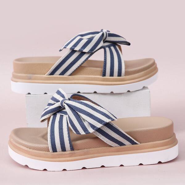 

Striped Pattern Bow Decor Flatform Mules, Blue and white