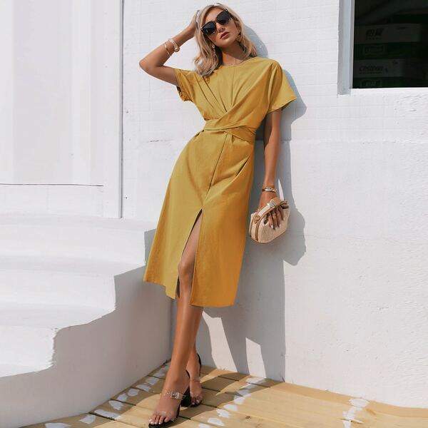 

Cross Wrap Tie Back Split Thigh Dress, Yellow